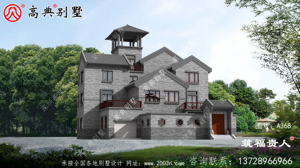 三层新中式农村自建别墅设计图纸，含有房间内停车位，美观大方精美高大上