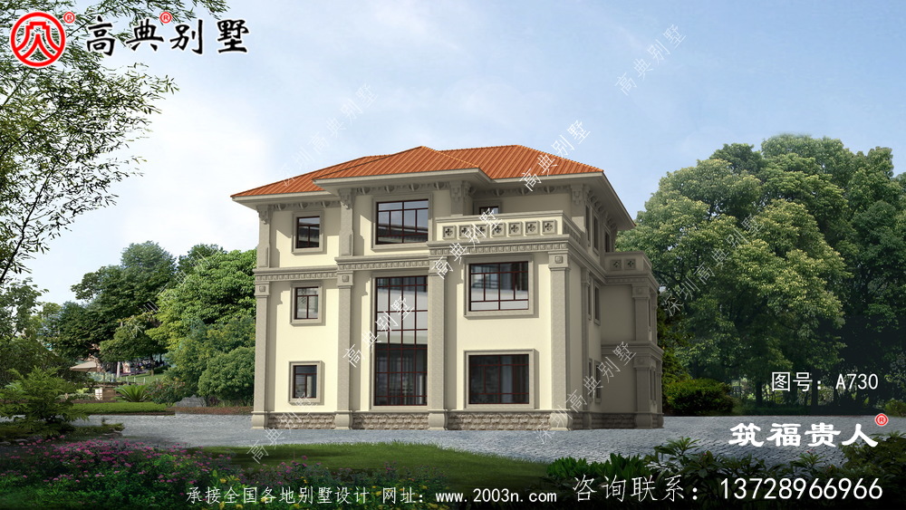 中式三层自建别墅设计图，有一个大露台。